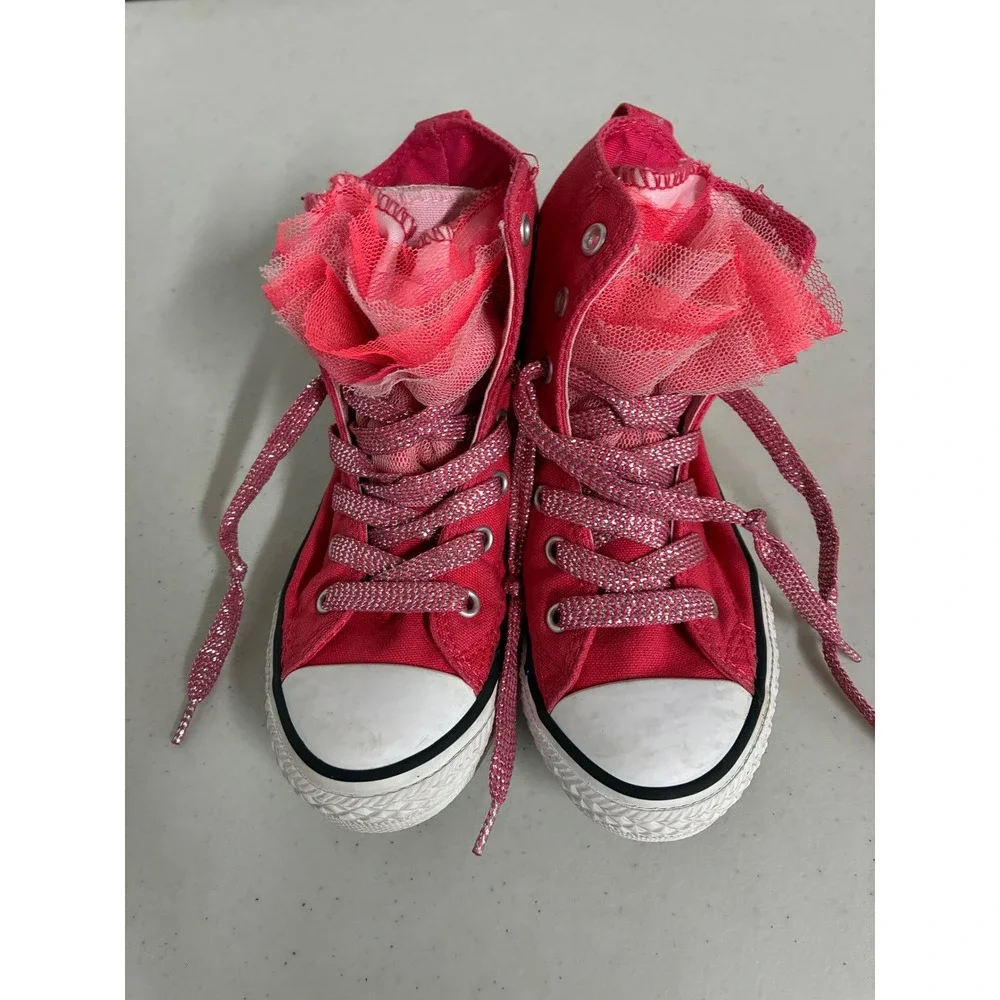Converse Chuck Taylor All Star Pink Tulle Ruffle Glitter Lace‎ High Top Kids 13